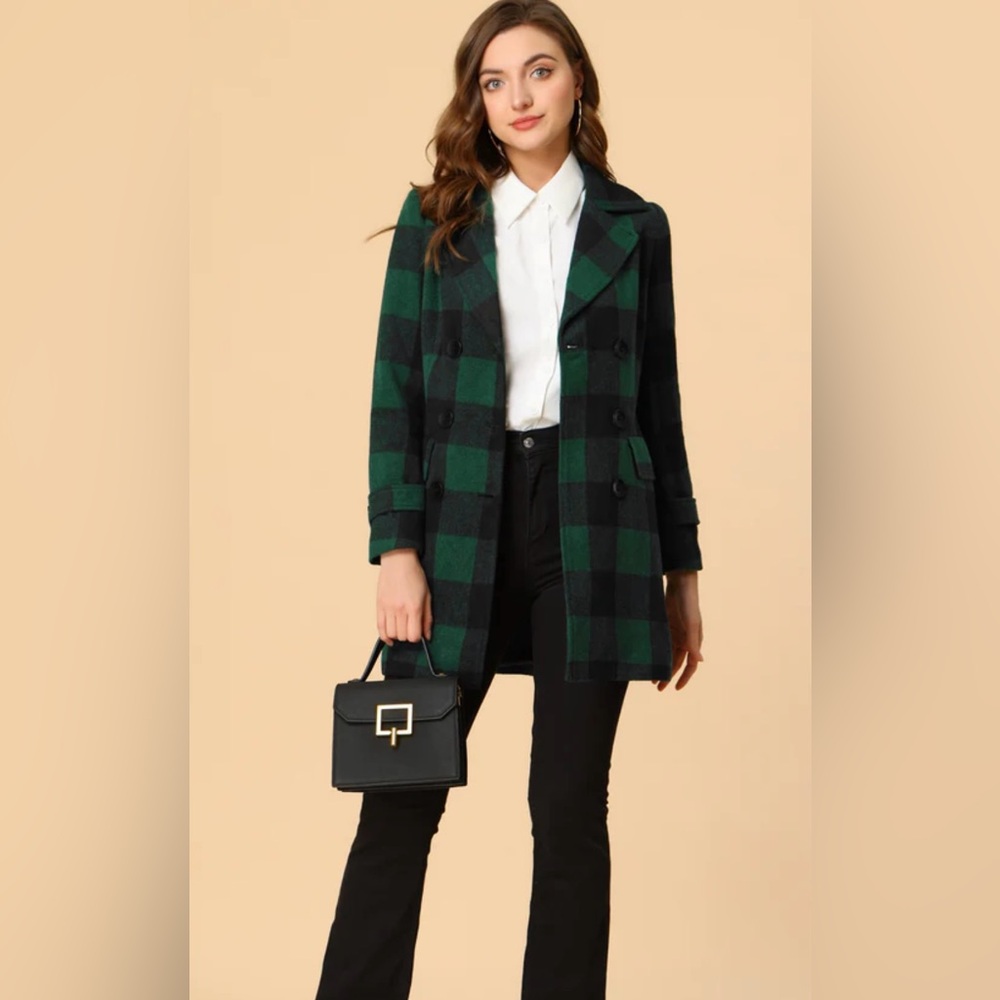 HP🎉 Allegra K Green and navy blue buffalo Plaid Double-Breasted wool coat sz XL